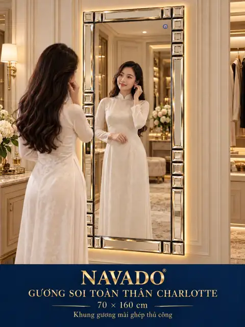 Gương soi toàn thân Charlotte 70 × 160 cm — phòng thay đồ tân cổ điển với áo dài ngà