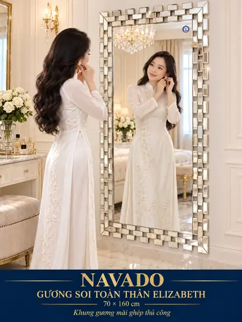 Gương soi toàn thân ELIZABETH 70 × 160 cm — phòng ngủ tân cổ điển với áo dài trắng