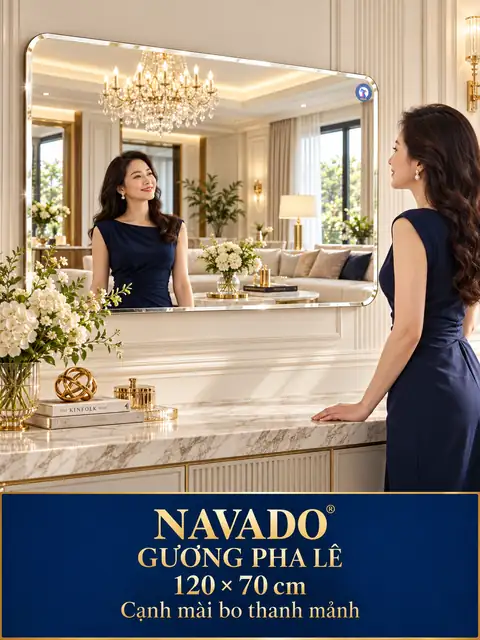 Gương pha lê bo góc 120 × 70 cm — phòng khách tân cổ điển