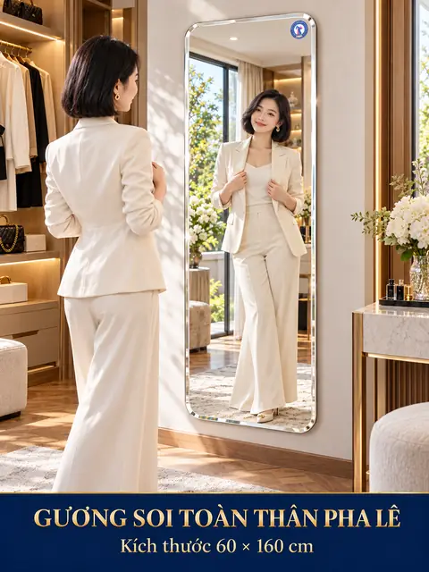 Gương soi toàn thân pha lê treo tường 60 × 160 cm — người mẫu nữ soi toàn thân trong phòng thay đồ sáng màu