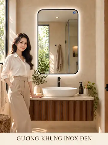 Gương khung inox đen 60 × 90 cm — phòng tắm tông ấm
